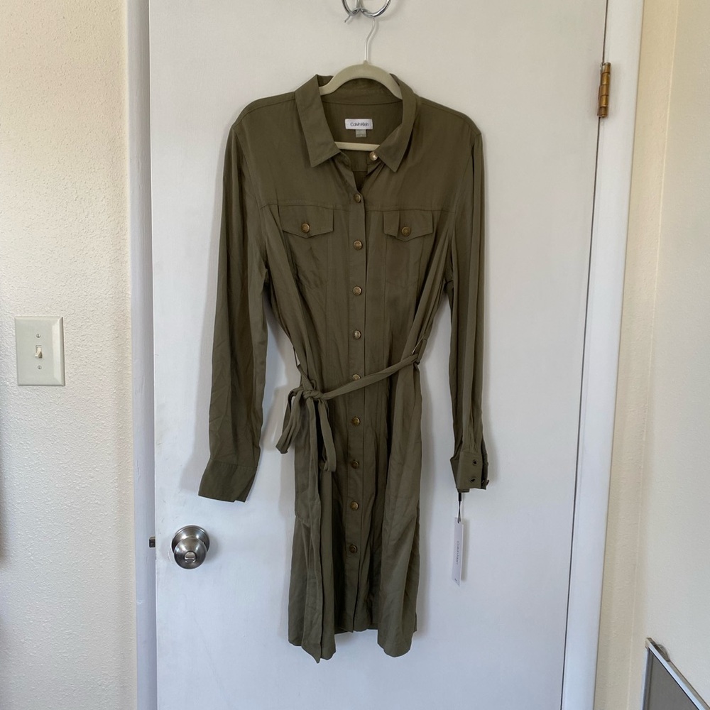 NWT Calvin Klein Olive Green Utility Long-Sleeve Shirt Dress with Waist Tie
